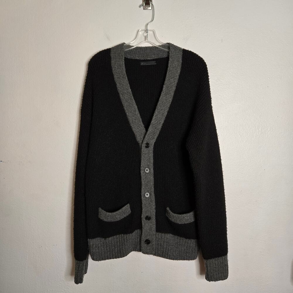 Dark Academia Oak + Fort Rib Knit V-Neck Cardigan Men's S Black Gray Colorblock